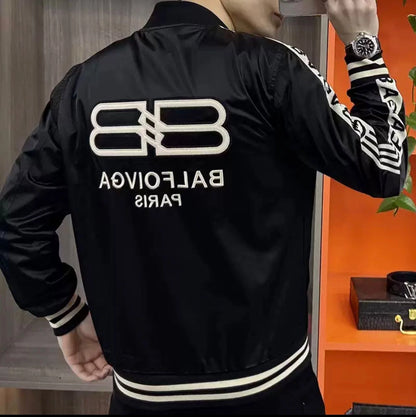 Black bomber jacket with 'Balfolio' branding on the back, worn by a person.