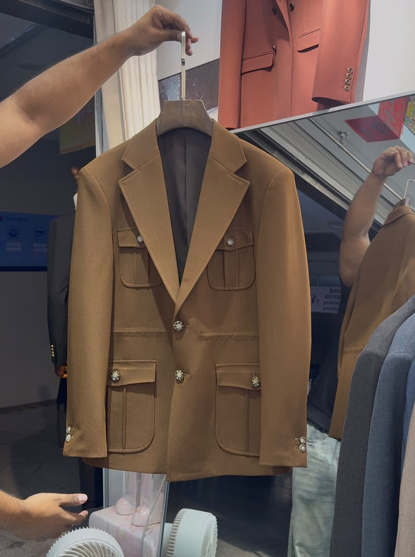 Premium Camel Brown Multi-Pocket Blazer