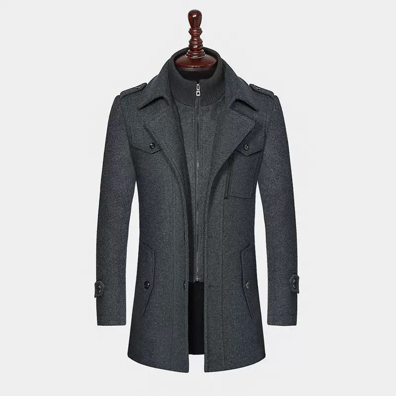 Ash Grey Wool-Blend Semi Long Coat for Men