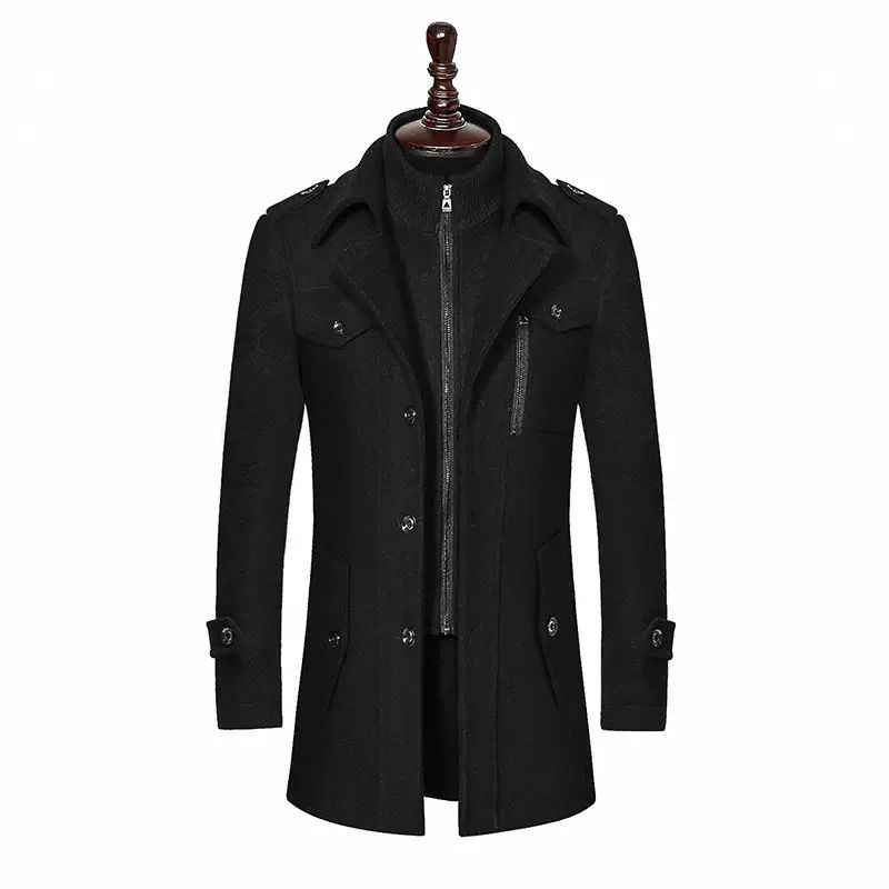 Classic Black Wool-Blend Semi Long Coat for Men