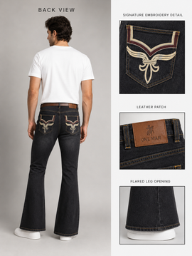 Back view of a man wearing dark wash flare jeans with embroidered winged patchwork details on the back pockets, a brown leather patch, and a flared leg opening, shown alongside close-up detail panels on a light gray background.