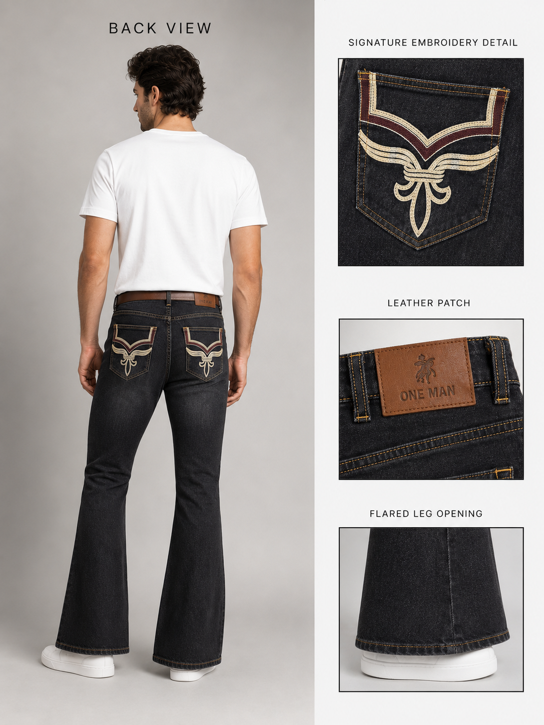 Back view of a man wearing dark wash flare jeans with embroidered winged patchwork details on the back pockets, a brown leather patch, and a flared leg opening, shown alongside close-up detail panels on a light gray background.
