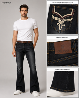 A man modeling dark wash flare jeans with a white t-shirt and white sneakers, shown alongside three detail close-ups highlighting the embroidered back pocket, leather patch, and flared leg opening.