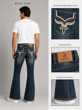 Back view of a man wearing dark blue flared jeans with embroidered wing details on the back pockets, shown alongside close-up feature panels highlighting the embroidery, leather patch, and flared leg opening.