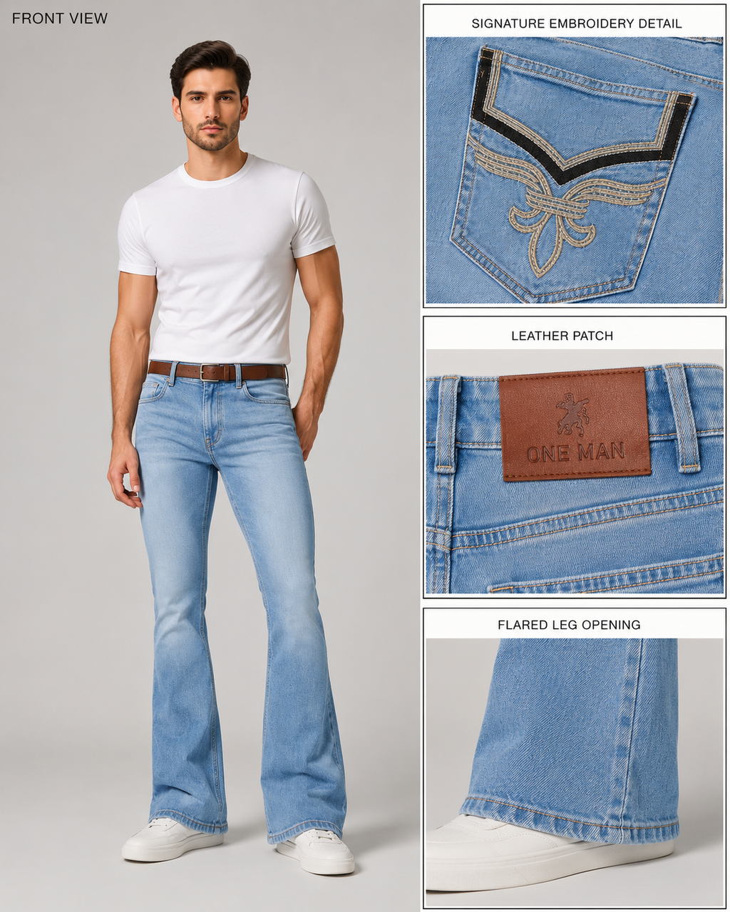 A man modeling light-wash blue jeans with a white t-shirt and white sneakers on a light gray studio background. The image includes three detail callouts on the right showing the back pocket embroidery, a brown leather patch with 'ONE MAN' branding, and the flared leg opening.