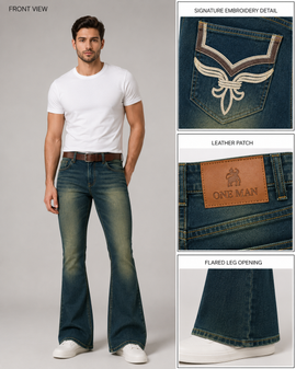A male model wearing dark blue flared jeans with a white t-shirt and white sneakers, shown alongside three detail callout panels highlighting the signature embroidery, leather patch, and flared leg opening.