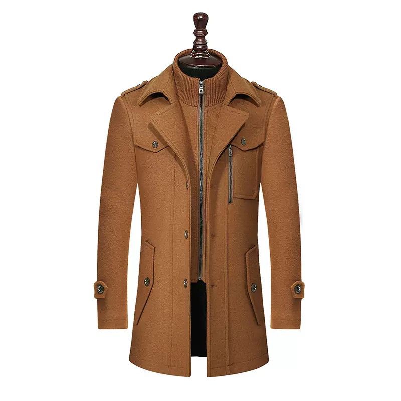 Camel Brown Wool-Blend Semi Long Coat for Men