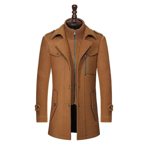 Camel Brown Wool-Blend Semi Long Coat for Men
