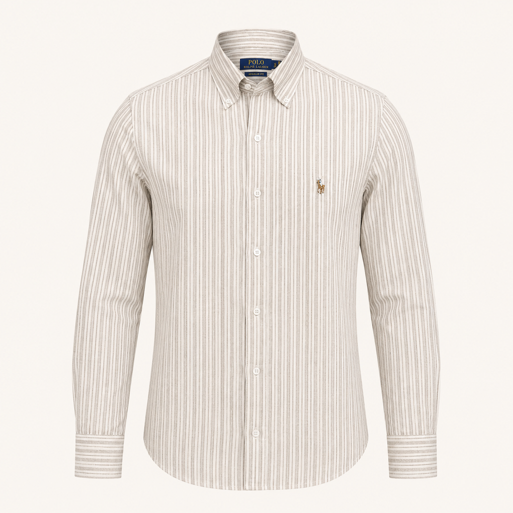 A long-sleeve button-down shirt by Polo Ralph Lauren, featuring vertical stripes in beige and white, with the signature embroidered polo player on the left chest.