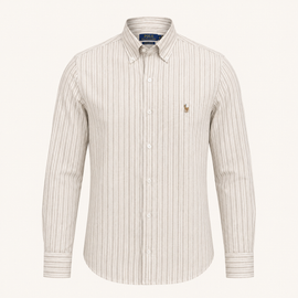 A long-sleeve button-down shirt by Polo Ralph Lauren, featuring vertical stripes in beige and white, with the signature embroidered polo player on the left chest.
