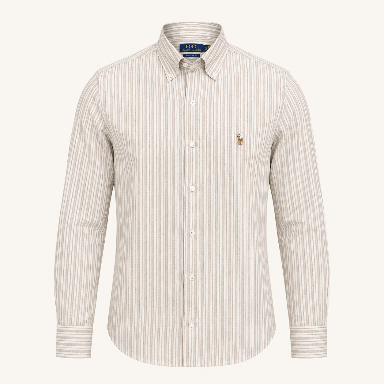 A long-sleeve button-down shirt by Polo Ralph Lauren, featuring vertical stripes in beige and white, with the signature embroidered polo player on the left chest.