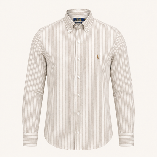 A long-sleeve button-down shirt by Polo Ralph Lauren, featuring vertical stripes in beige and white, with the signature embroidered polo player on the left chest.