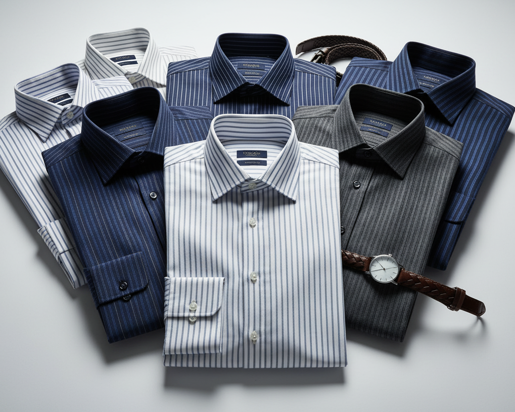 Six men's dress shirts in various blue, navy, gray, and white stripe patterns are neatly folded and arranged in a fan shape on a dark textured background, styled with a brown leather belt and a watch.
