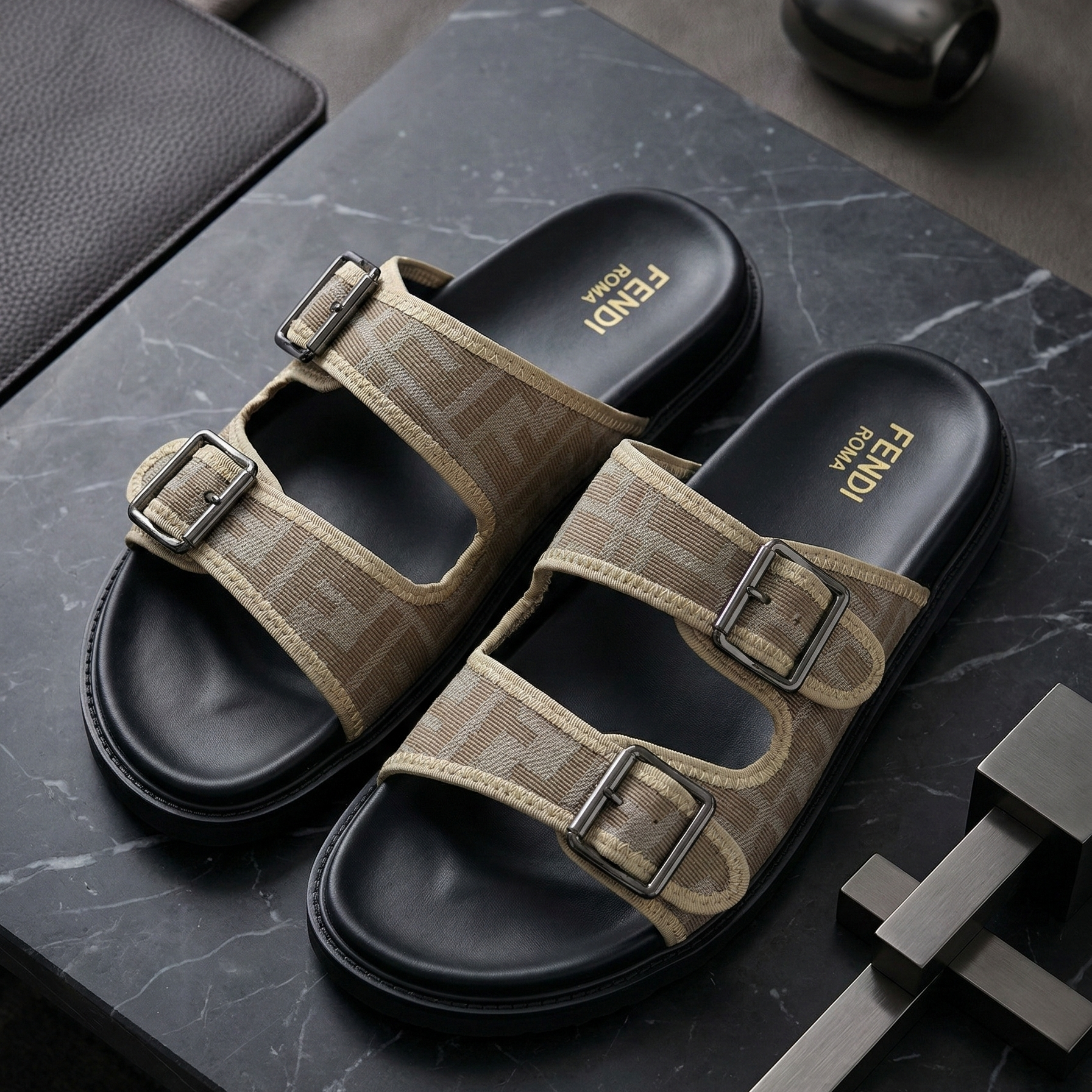 Fendi Men's FF Monogram Fabric Double-Strap Sandals - Tobacco & Black Main image