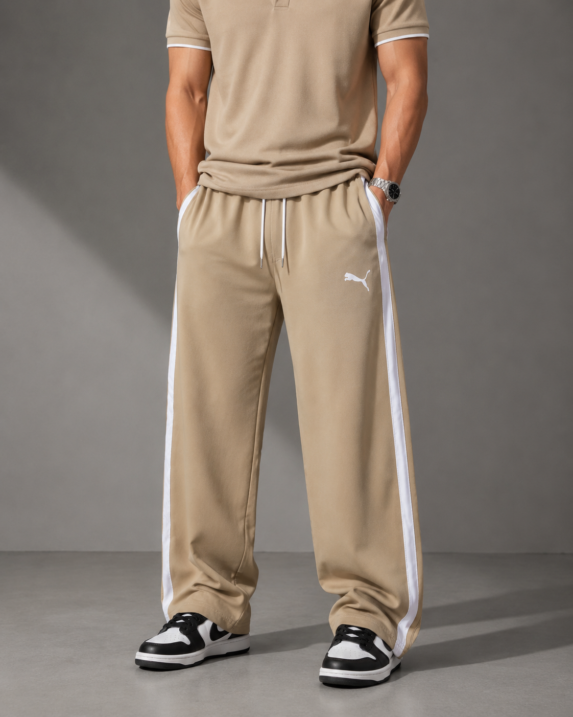 Beige & White Baggy Track Trousers