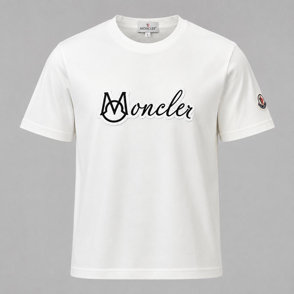 Moncler White Script Logo Tee — Soft Cotton Crew