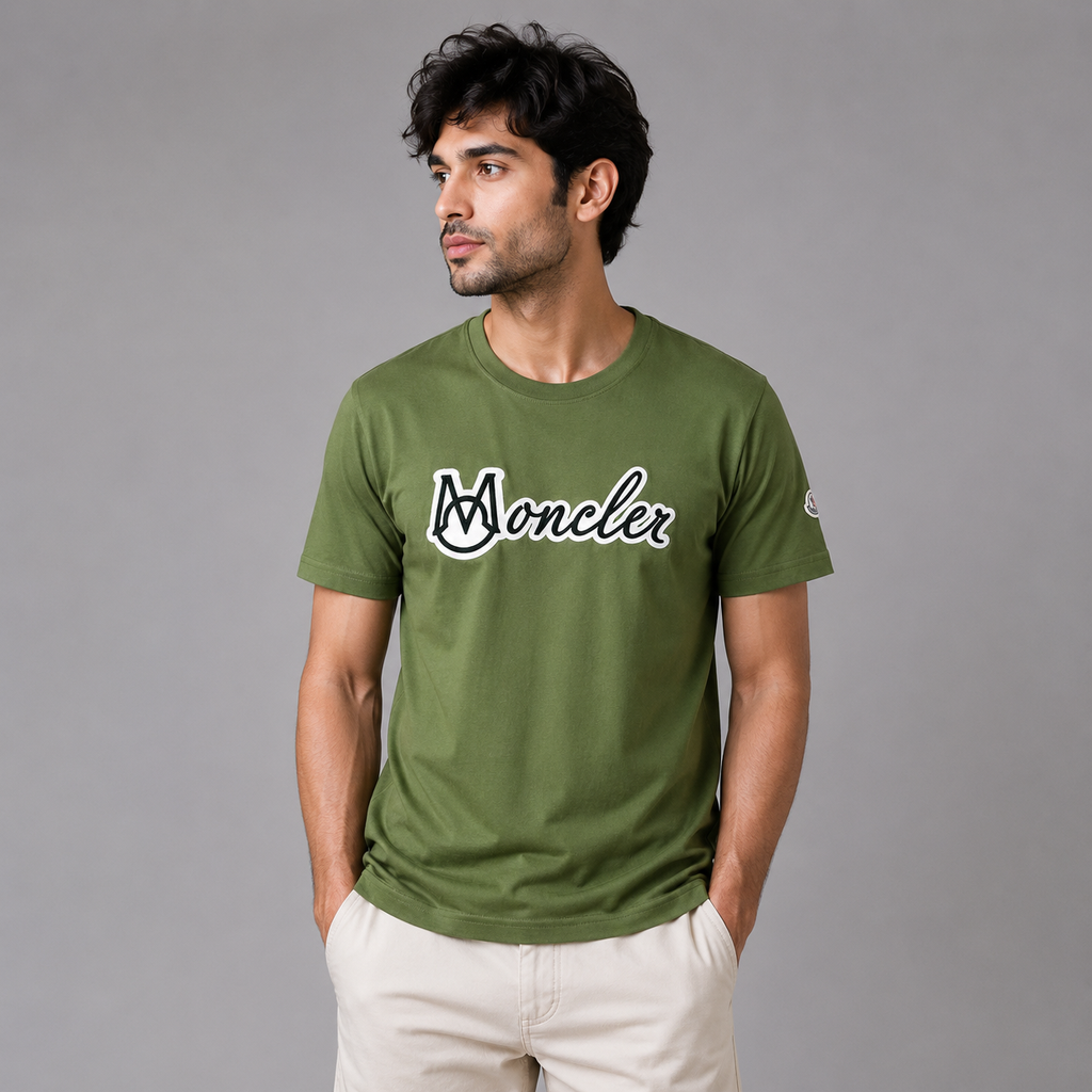 Moncler Olive Script Logo Tee — Soft Cotton Crew