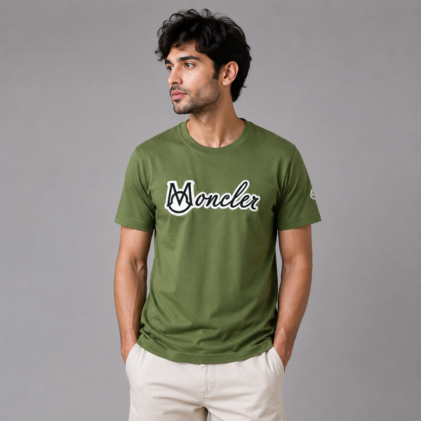 Moncler Olive Script Logo Tee — Soft Cotton Crew