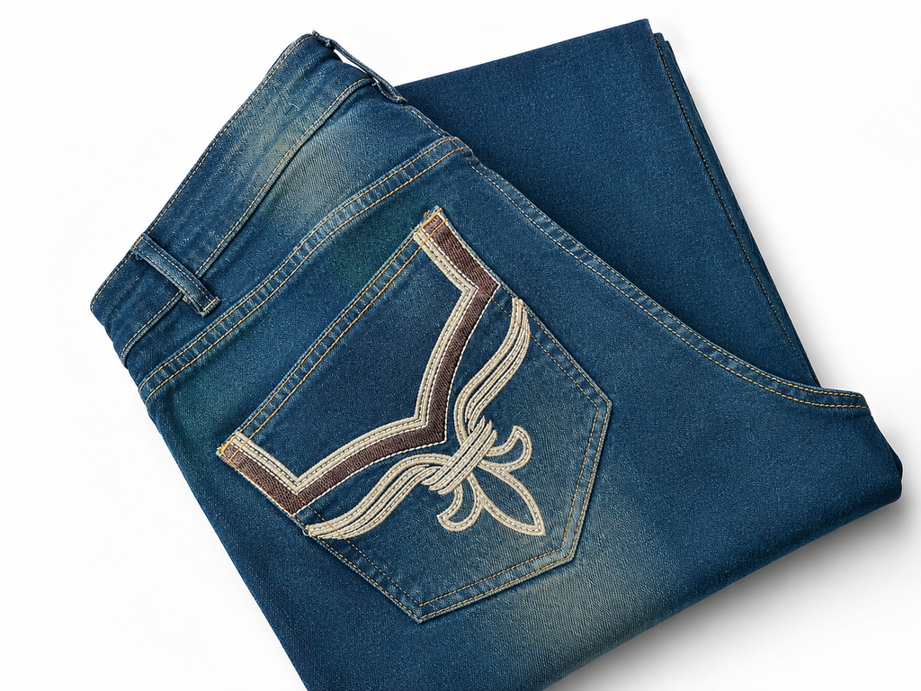 One Man Bootcut Jeans Embroidered Pocket Dark Blue Denim Men's