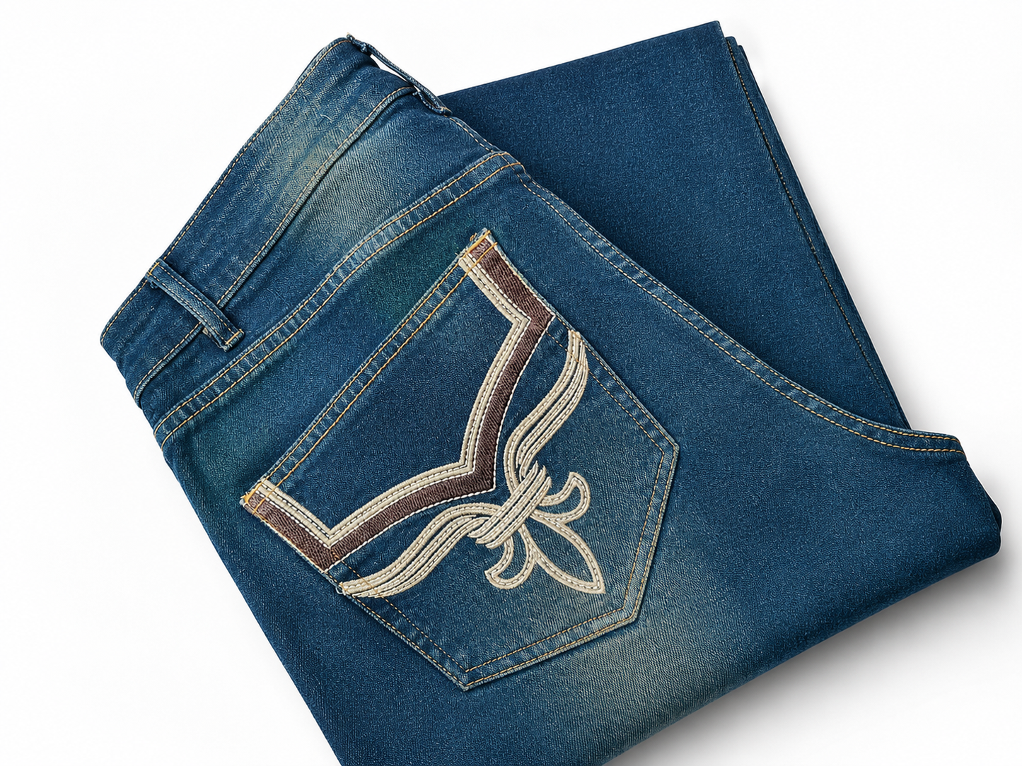 One Man Bootcut Jeans Embroidered Pocket Dark Blue Denim Men's