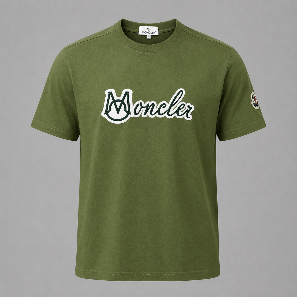 Moncler Olive Script Logo Tee — Soft Cotton Crew