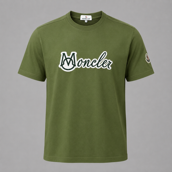 Moncler Olive Script Logo Tee — Soft Cotton Crew