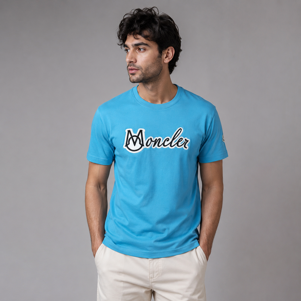 Moncler Blue Script Logo Tee — Soft Cotton Crew
