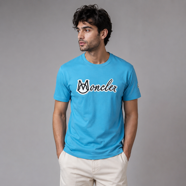 Moncler Blue Script Logo Tee — Soft Cotton Crew