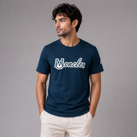 Moncler Script Logo T-Shirt Cotton Crew Neck Men’s Navy Blue