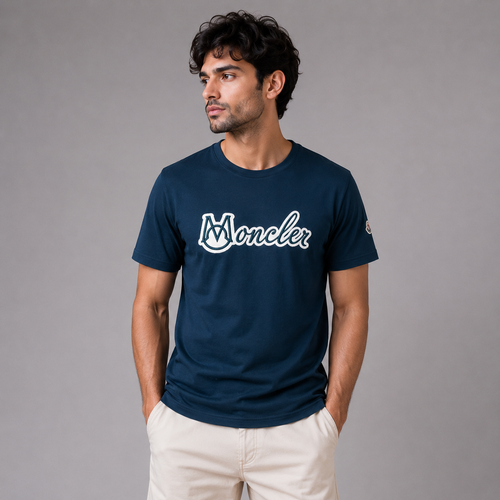 Moncler Script Logo T-Shirt Cotton Crew Neck Men’s Navy Blue