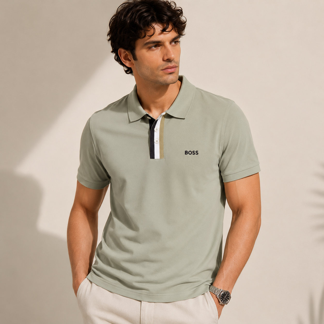 Men's Cotton Polo Shirt - Sage Green - Premium Accent