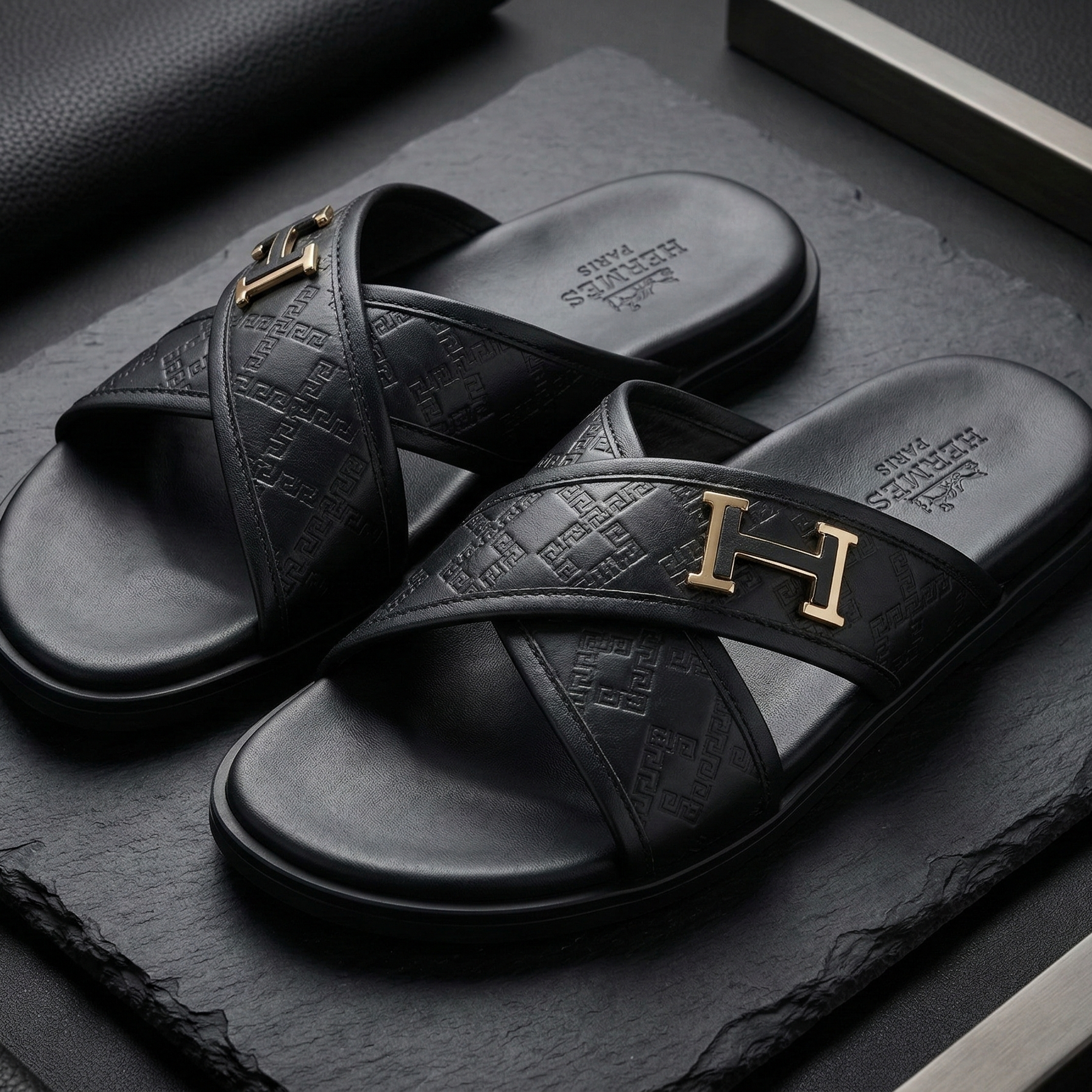 Hermès Men's Black Embossed Leather Crossover Slides with Gold H Hardware Main image