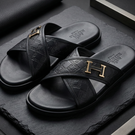 Hermès Men's Black Embossed Leather Crossover Slides with Gold H Hardware