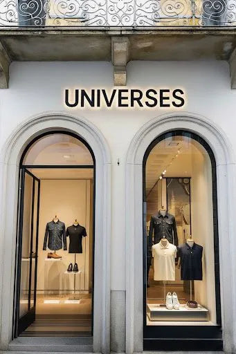 Storefront with 'UNIVERSES' sign and mannequins wearing clothing.