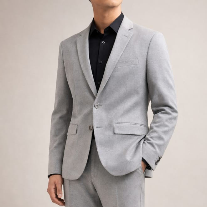 Man wearing a light gray suit with a black shirt on a plain background