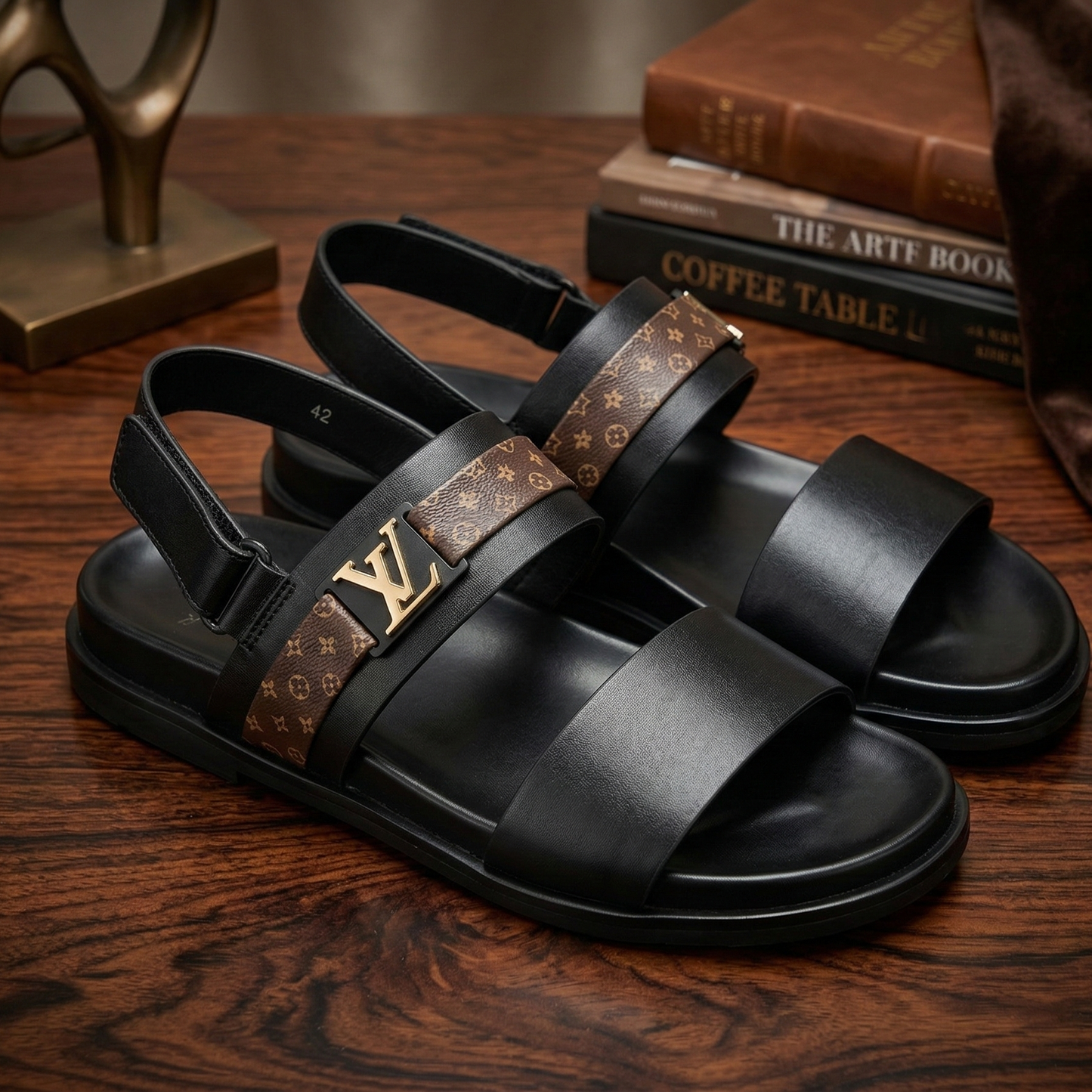 Black sandals with patterned straps on a wooden surface