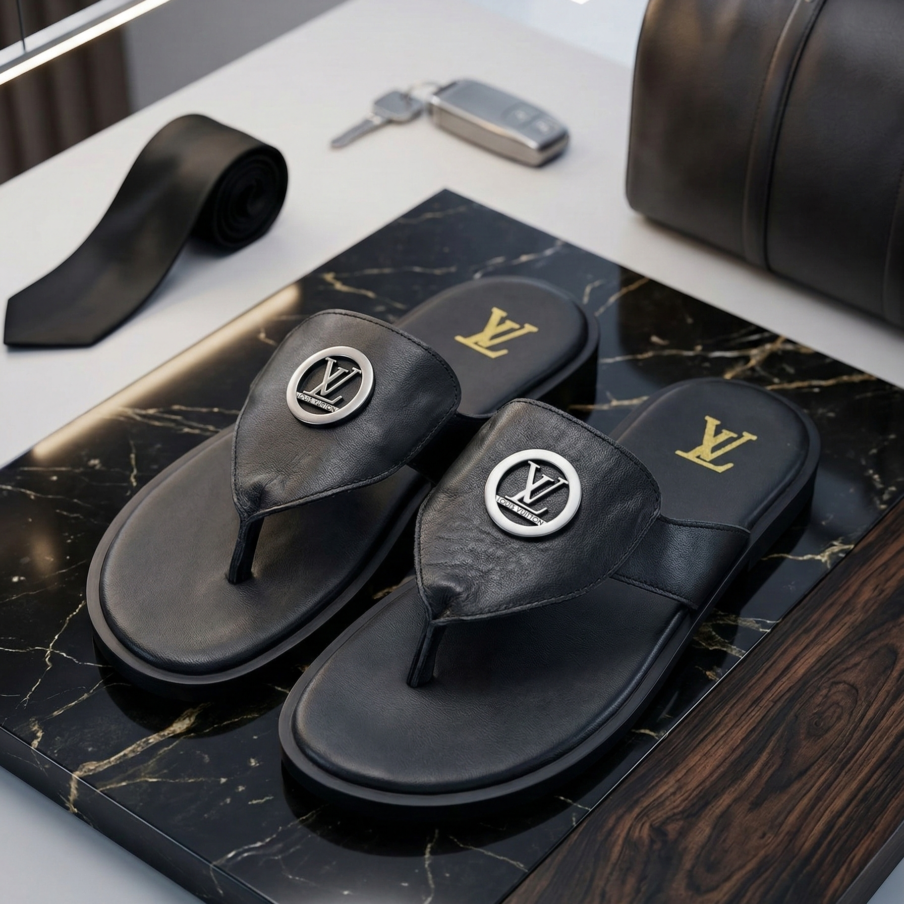 Black sandals with brand logo on a marble surface, with a handbag and keys in the background.