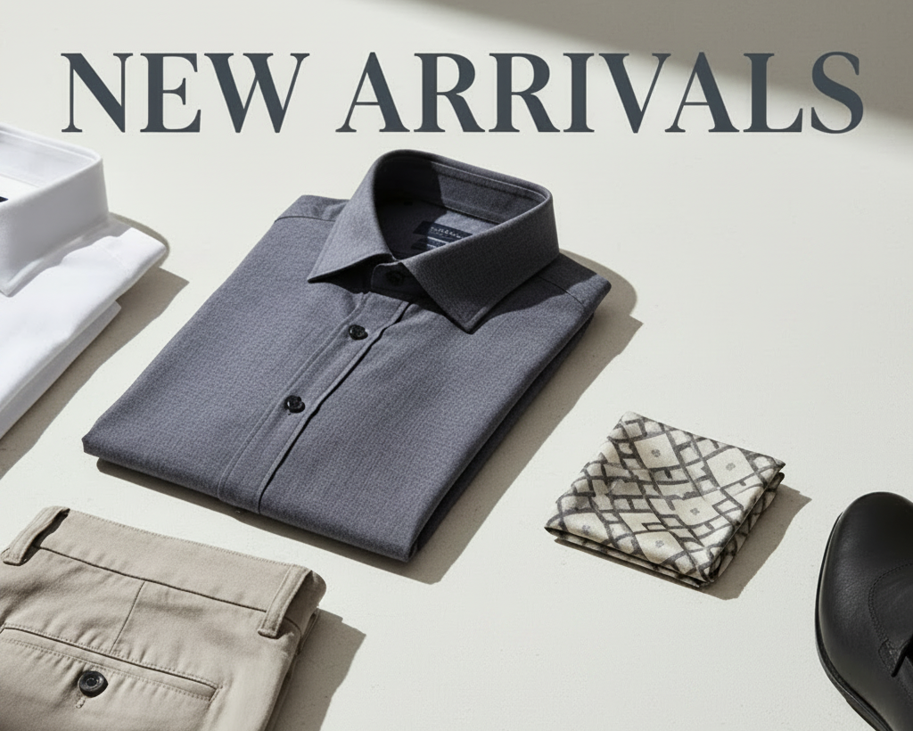 A styled flat-lay of men's apparel and accessories under the text 'NEW ARRIVALS,' including a white dress shirt, a folded gray dress shirt, beige trousers, a brown belt, a patterned pocket square, a silver watch, and black dress shoes on a light beige background.