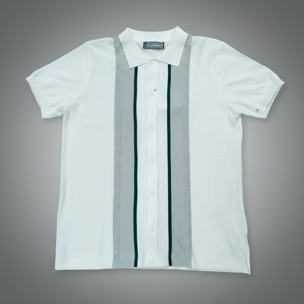 White shirt with black and gray striped accents on a gray background