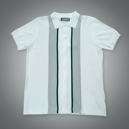 White shirt with black and gray striped accents on a gray background