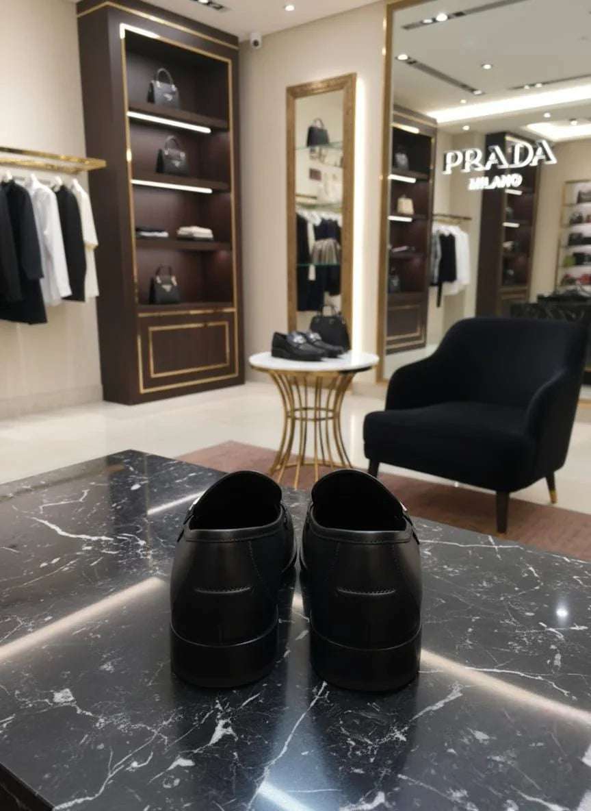 Black shoes on a marble surface with a Prada store in the background
