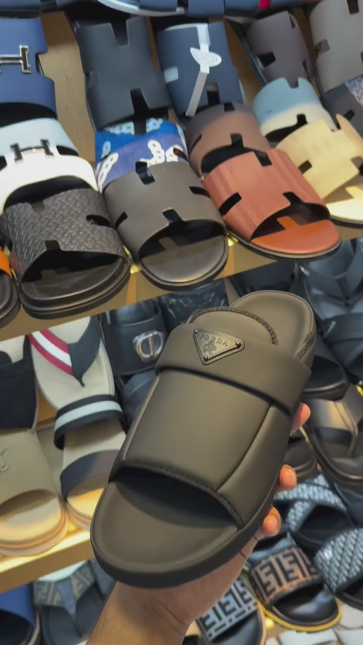 Prada Men's Padded Nylon Triangle Logo Slides | Luxury Sandals