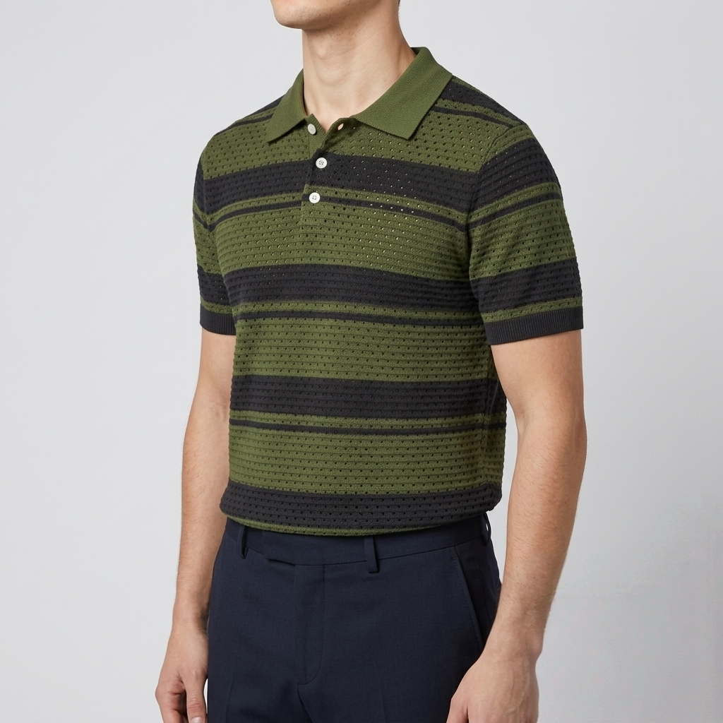 Men's Olive & Charcoal Striped Knit Polo – Textured Pointelle Summer Shirt Main image