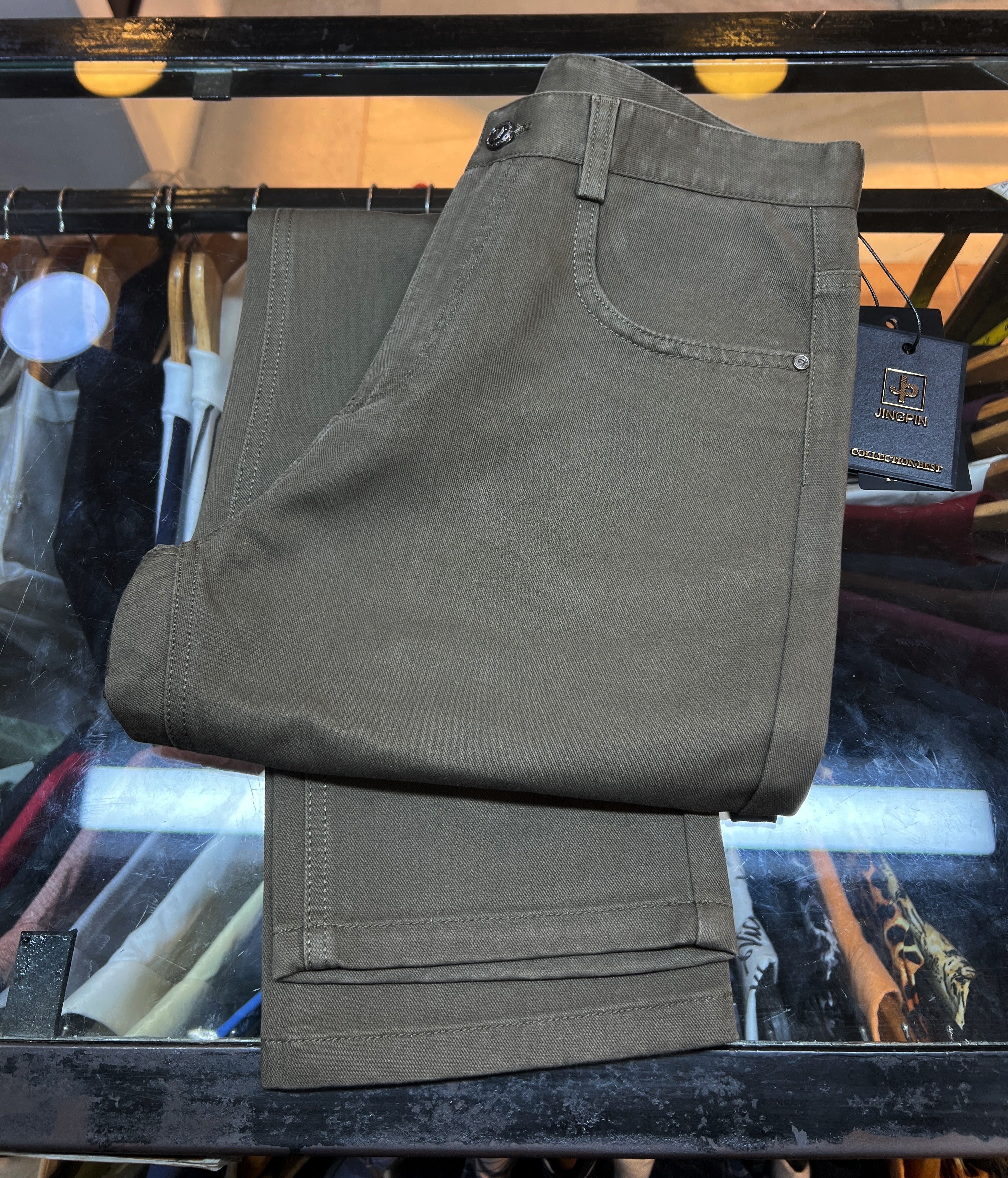 Emporio Armani Men’s Slim Fit Chinos – Premium Taupe Cotton Twill Pants Main image