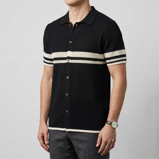 Men's Black Crochet Knit Button-Down Polo – Retro Mesh Short Sleeve Shirt
