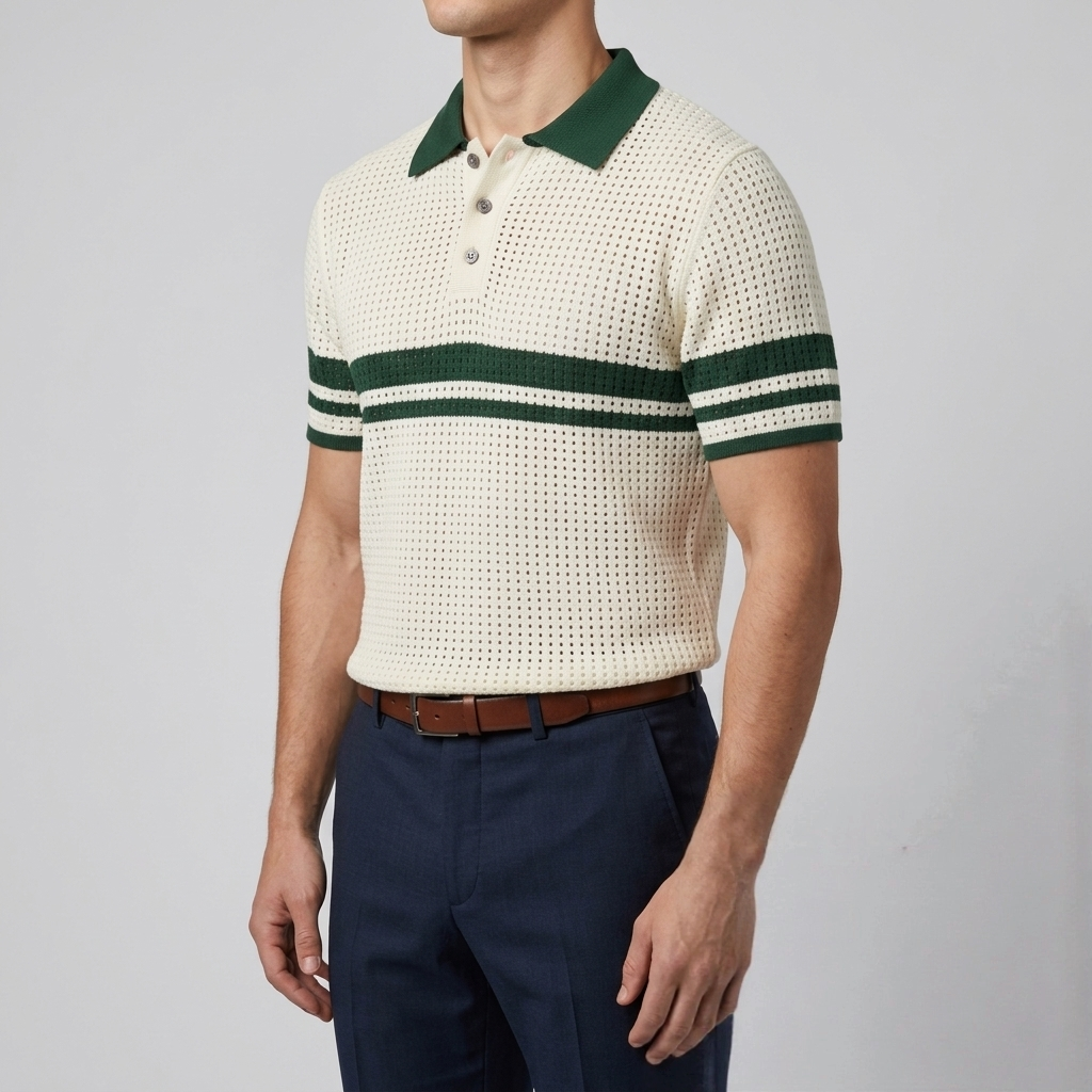 Men’s Off-White & Green Textured Knit Polo – Retro Crochet Mesh Resort Shirt Main image