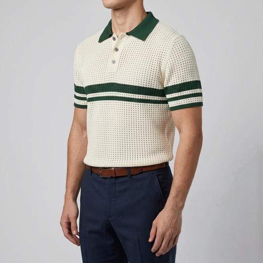 Men’s Off-White & Green Textured Knit Polo – Retro Crochet Mesh Resort Shirt