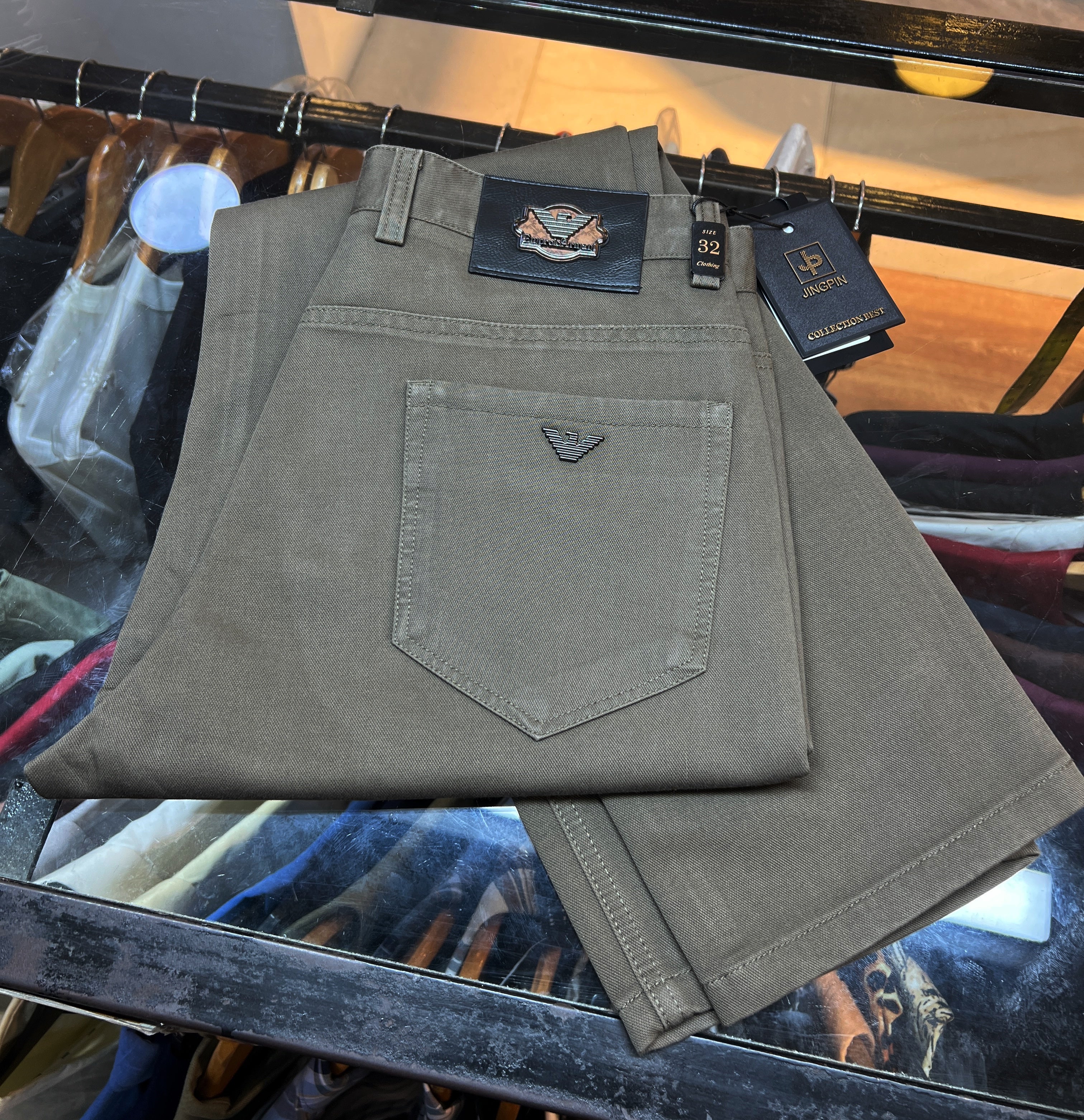 Emporio Armani Men’s Slim Fit Chinos – Premium Taupe Cotton Twill Pants Secondary image