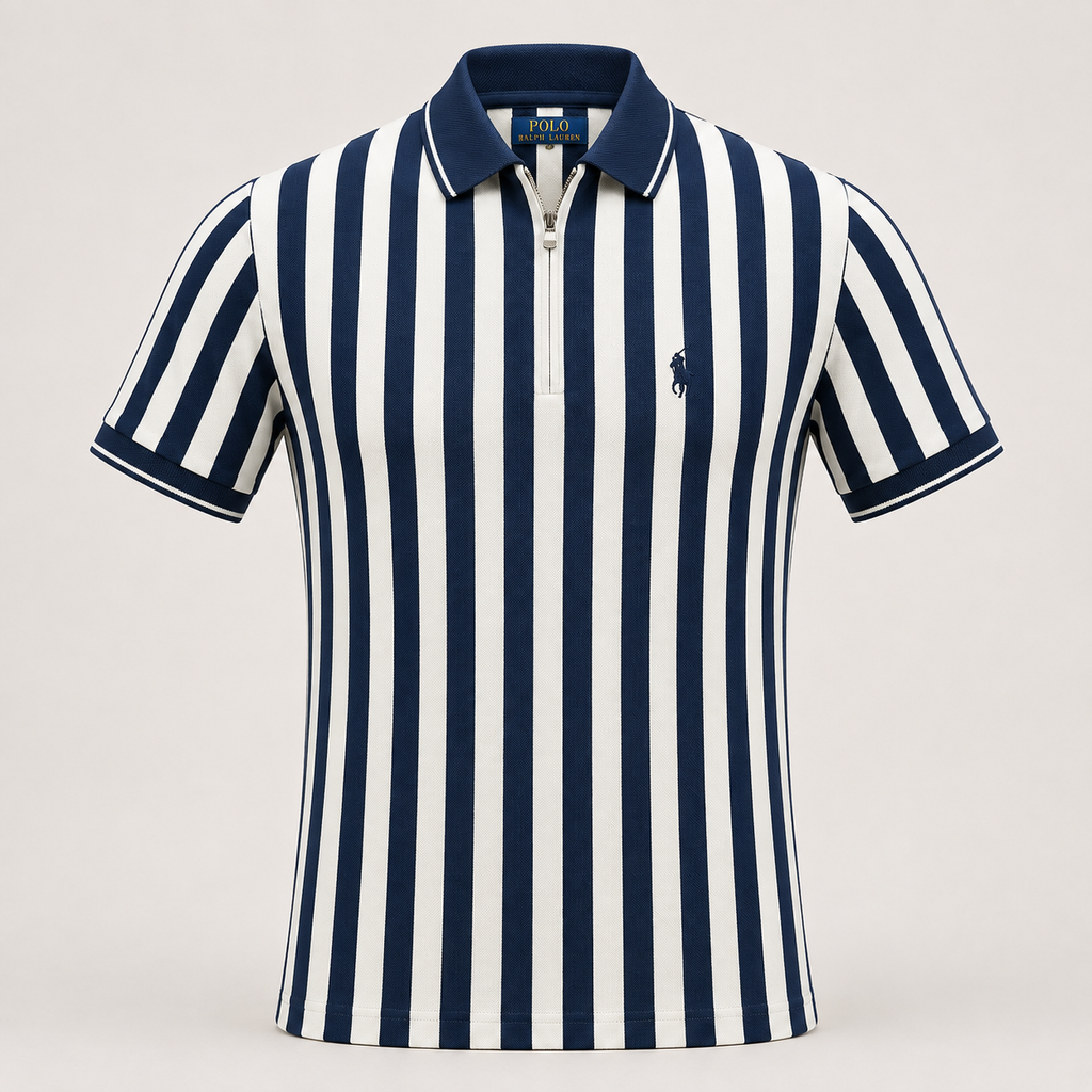 A short-sleeve polo shirt with vertical navy blue and white stripes, featuring a navy collar, a half-zip front, and the signature embroidered polo player logo on the left chest.