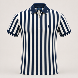 A short-sleeve polo shirt with vertical navy blue and white stripes, featuring a navy collar, a half-zip front, and the signature embroidered polo player logo on the left chest.